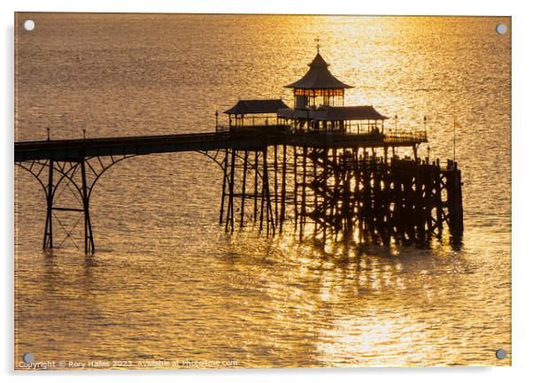 Clevedon Pier at sunset with a calm sea Acrylic by Rory Hailes