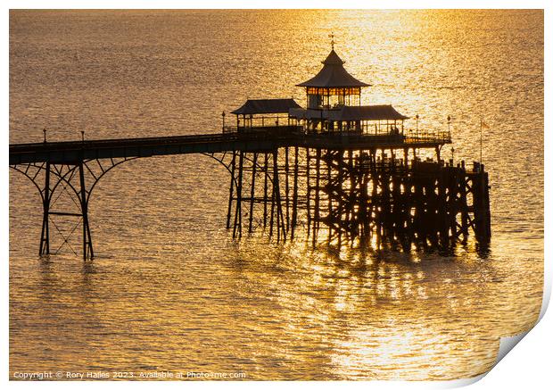 Clevedon Pier at sunset with a calm sea Print by Rory Hailes