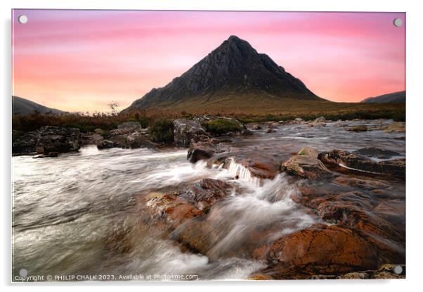 Buachaille etive mor sunset over the river Coupall 992 Acrylic by PHILIP CHALK