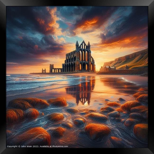 Whitby Abbey on the beach (AI Generated) Framed Print by John Wain