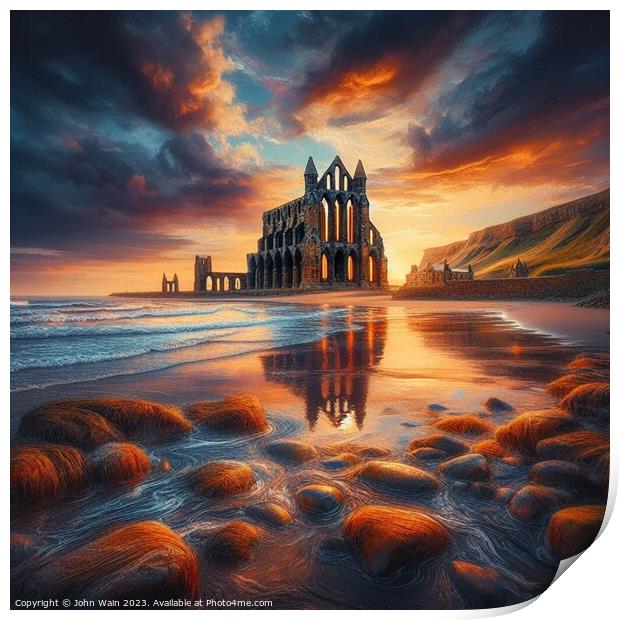 Whitby Abbey on the beach (AI Generated) Print by John Wain