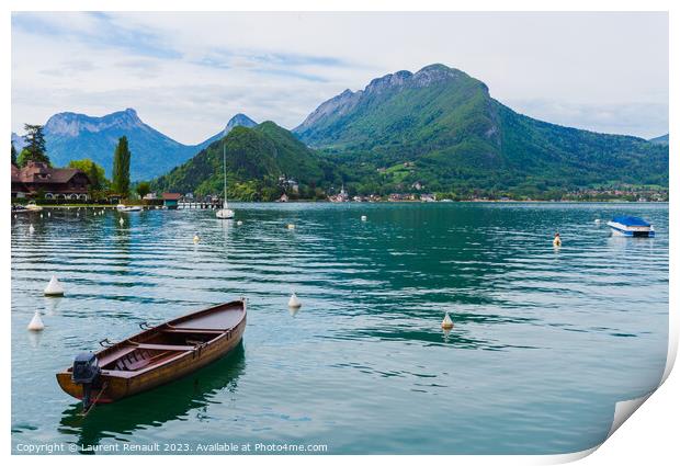 Boat on the lake of Annecy in the french Alps Print by Laurent Renault