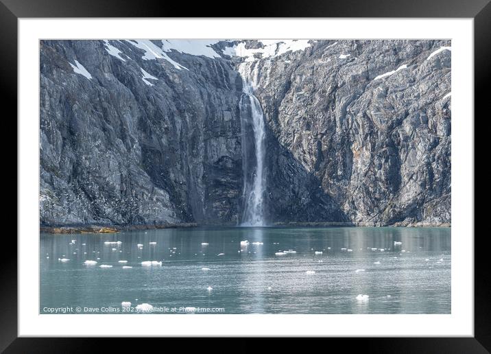Melt water waterfall down the side of a snow covered mountain, Prince William Sound, Alaska, USA Framed Mounted Print by Dave Collins