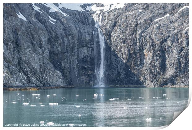 Melt water waterfall down the side of a snow covered mountain, Prince William Sound, Alaska, USA Print by Dave Collins
