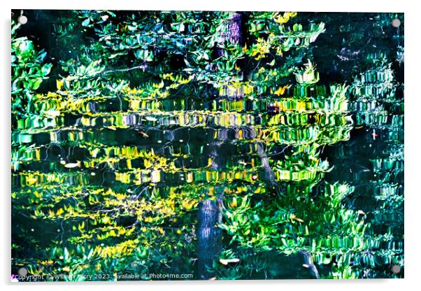 Tree Yellow Green Water Reflection Abstract Habikino Japan Acrylic by William Perry