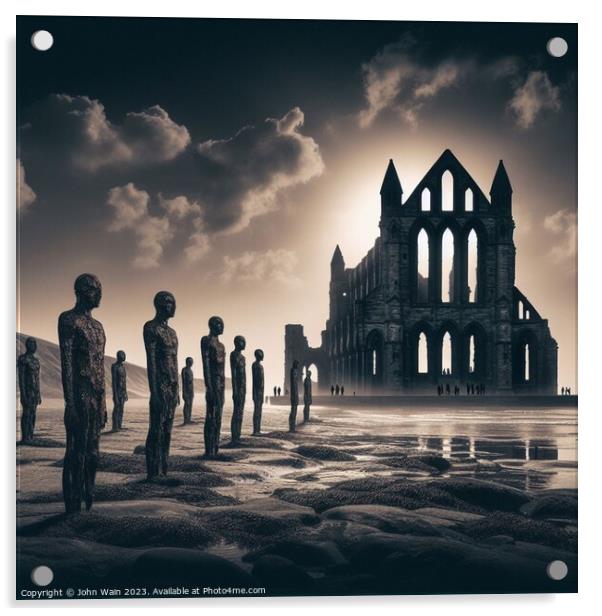 Gormley men and Whitby Abbey (AI Generated) Acrylic by John Wain