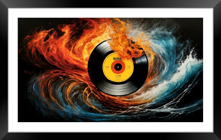 vintage vinyl record surrounded by fire and water. Framed Mounted Print by Guido Parmiggiani