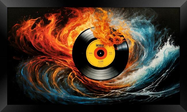 vintage vinyl record surrounded by fire and water. Framed Print by Guido Parmiggiani