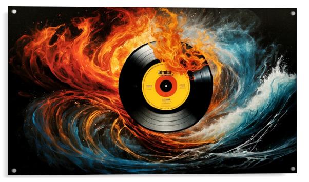 vintage vinyl record surrounded by fire and water. Acrylic by Guido Parmiggiani