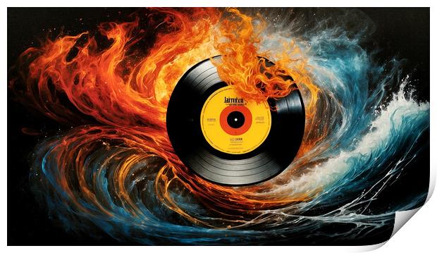 vintage vinyl record surrounded by fire and water. Print by Guido Parmiggiani