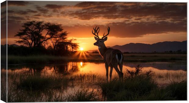 A young deer is beautifully silhouetted against the backdrop of an enchanting sunset. Canvas Print by Guido Parmiggiani