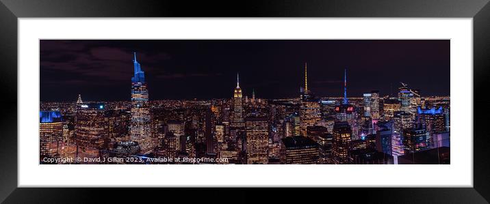 Manhattan Skyline at Night Framed Mounted Print by David J Gillan