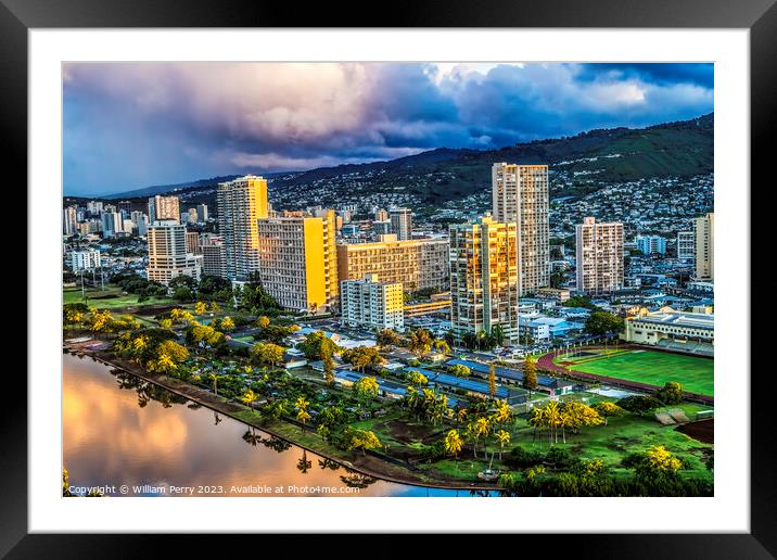 Colorful Pink Clouds Buildings Waikiki Ala Wai Canal Honolulu Ha Framed Mounted Print by William Perry