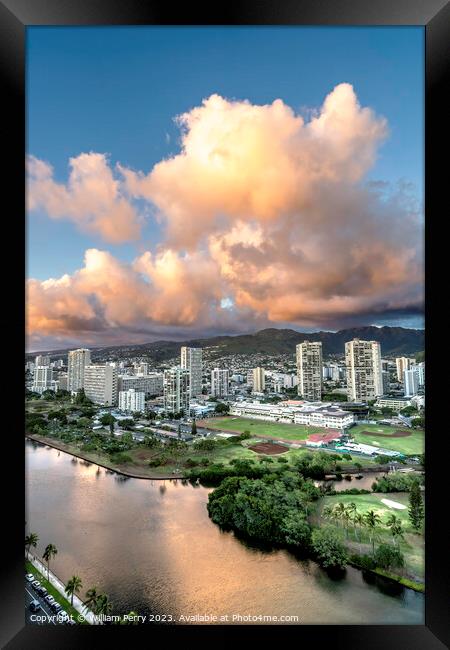 Colorful Pink Clouds Buildings Waikiki Ala Wai Canal Honolulu Ha Framed Print by William Perry