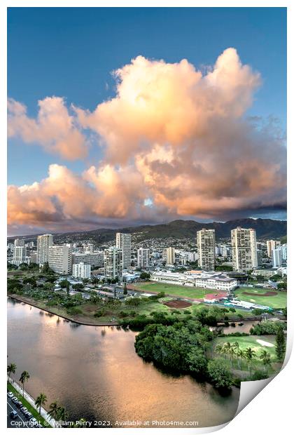Colorful Pink Clouds Buildings Waikiki Ala Wai Canal Honolulu Ha Print by William Perry