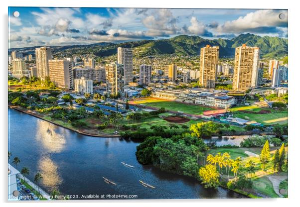 Colorful Canoes Buildings Ala Wai Canal Waikiki Honolulu Hawaii Acrylic by William Perry