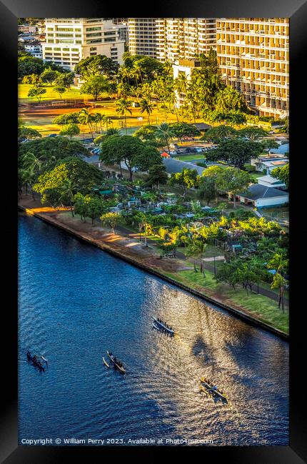 Colorful Canoes Buildings Waikiki Ala Wai Canal Waikiki Honolulu Framed Print by William Perry