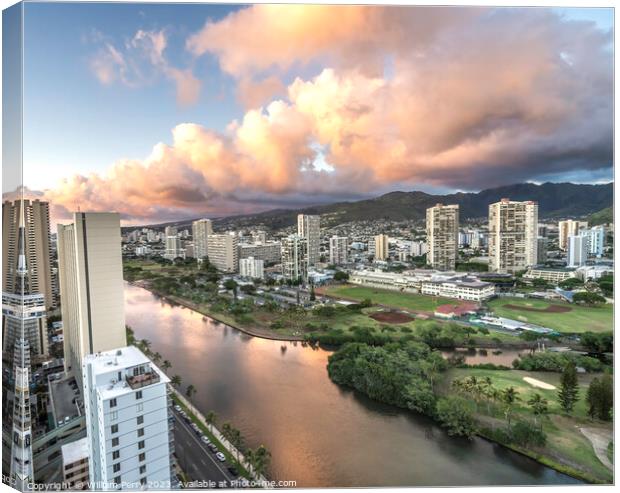 Colorful Pink Clouds Buildings Waikiki Ala Wai Canal Honolulu Ha Canvas Print by William Perry