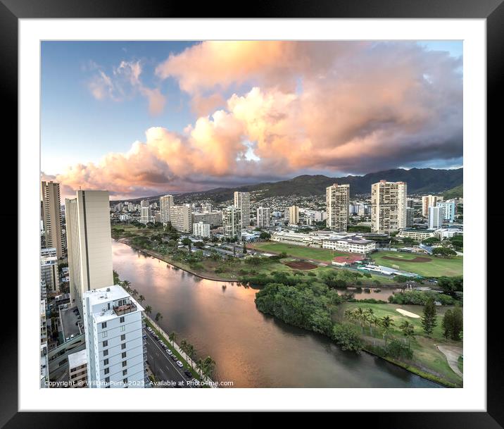 Colorful Pink Clouds Buildings Waikiki Ala Wai Canal Honolulu Ha Framed Mounted Print by William Perry