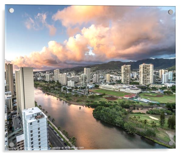 Colorful Pink Clouds Buildings Waikiki Ala Wai Canal Honolulu Ha Acrylic by William Perry