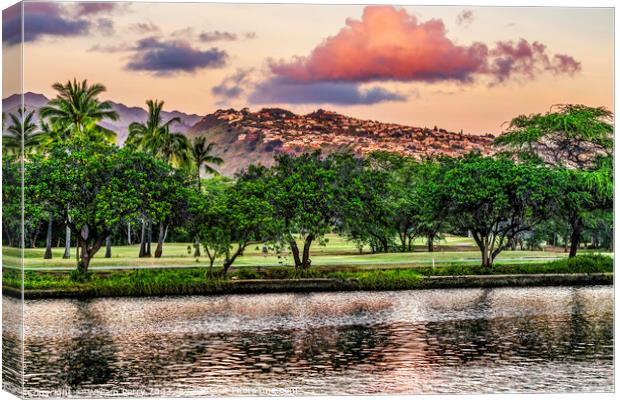 Colorful Pink Clouds Buildings Waikiki Ala Wai Canal Honolulu Ha Canvas Print by William Perry