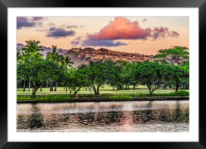 Colorful Pink Clouds Buildings Waikiki Ala Wai Canal Honolulu Ha Framed Mounted Print by William Perry