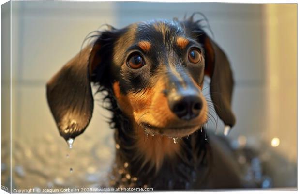Dachshund breed, this dog takes a cleaning bath. Canvas Print by Joaquin Corbalan