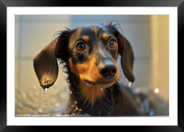 Dachshund breed, this dog takes a cleaning bath. Framed Mounted Print by Joaquin Corbalan