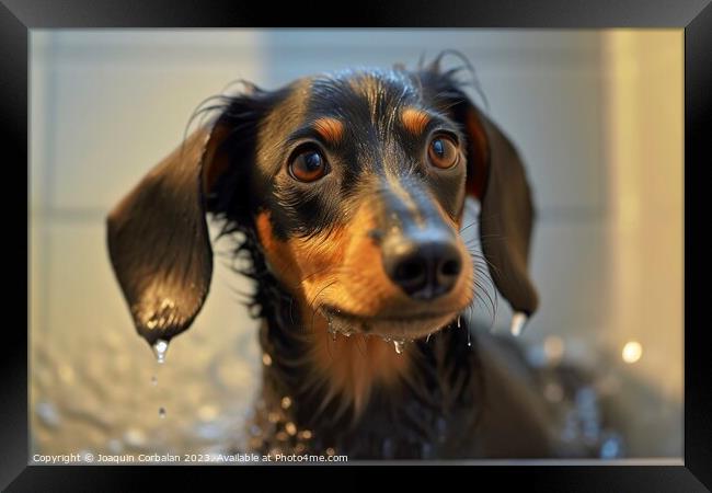 Dachshund breed, this dog takes a cleaning bath. Framed Print by Joaquin Corbalan