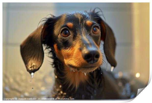 Dachshund breed, this dog takes a cleaning bath. Print by Joaquin Corbalan