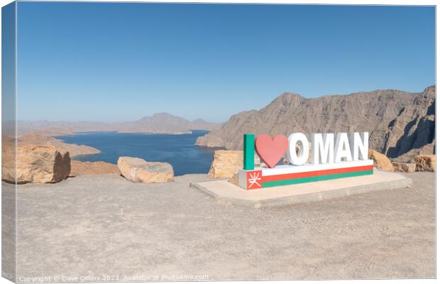 The I love Oman Sign over looking Khor Najd - Khawr Najd lagoon, Musandam, Oman Canvas Print by Dave Collins
