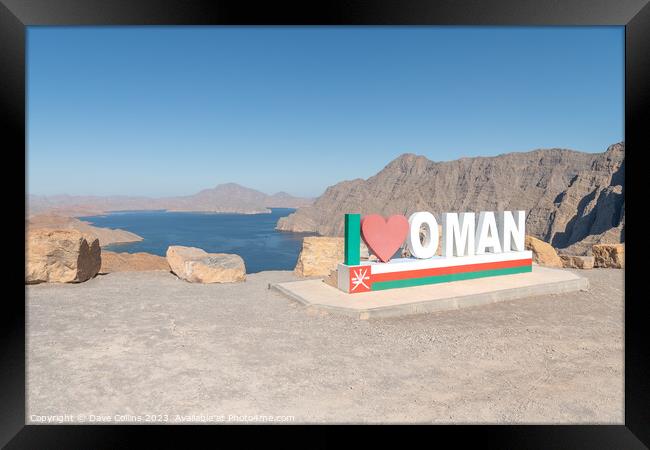The I love Oman Sign over looking Khor Najd - Khawr Najd lagoon, Musandam, Oman Framed Print by Dave Collins