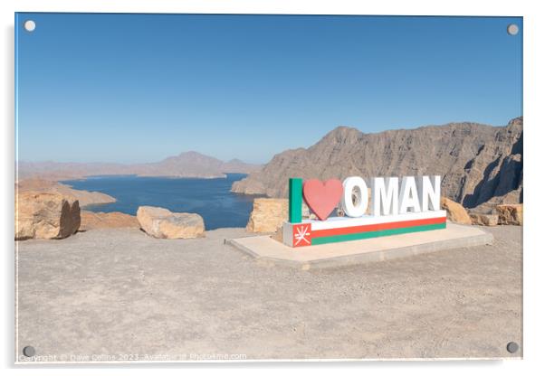 The I love Oman Sign over looking Khor Najd - Khawr Najd lagoon, Musandam, Oman Acrylic by Dave Collins