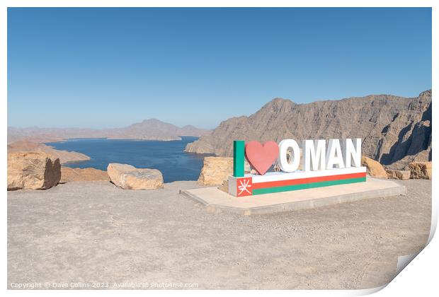 The I love Oman Sign over looking Khor Najd - Khawr Najd lagoon, Musandam, Oman Print by Dave Collins
