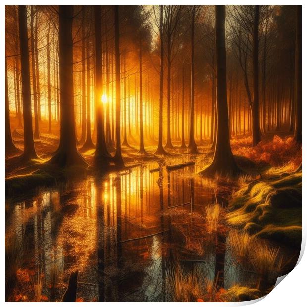 A crowded woodland area during sunset  Print by Paddy 