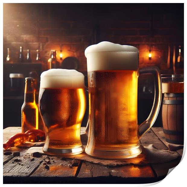 Pints full of beer in a pub, ultra realistic ai Print by Engin Sezer