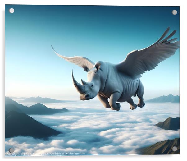 A huge flying rhino with bird wings as generative ai Acrylic by Engin Sezer