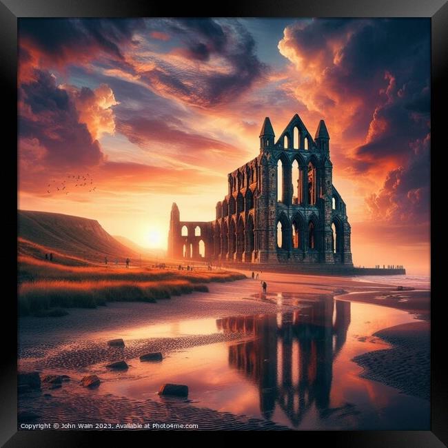 Whitby Abbey on the beach (AI Generated) Framed Print by John Wain