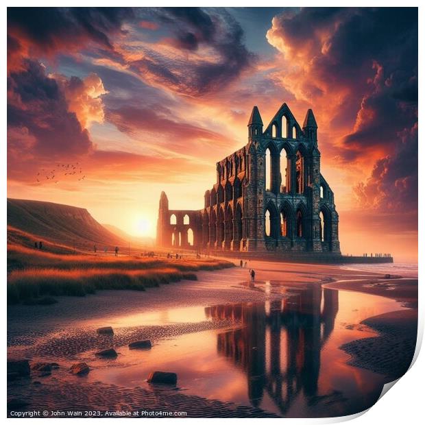 Whitby Abbey on the beach (AI Generated) Print by John Wain