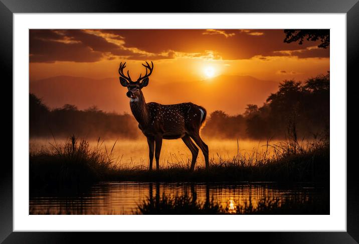A young deer stands out beautifully against the backdrop of an enchanting sunset over the lake. Framed Mounted Print by Guido Parmiggiani
