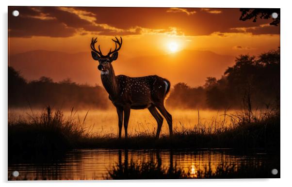 A young deer stands out beautifully against the backdrop of an enchanting sunset over the lake. Acrylic by Guido Parmiggiani