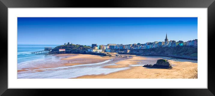 A panoramic view of the harbour and beach and town skyline of Tenby in south Wales UK  Framed Mounted Print by John Gilham