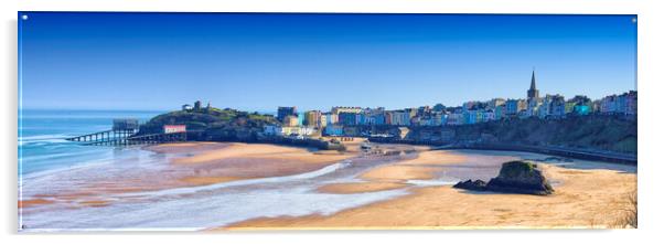 A panoramic view of the harbour and beach and town skyline of Tenby in south Wales UK  Acrylic by John Gilham
