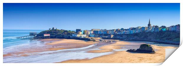 A panoramic view of the harbour and beach and town skyline of Tenby in south Wales UK  Print by John Gilham