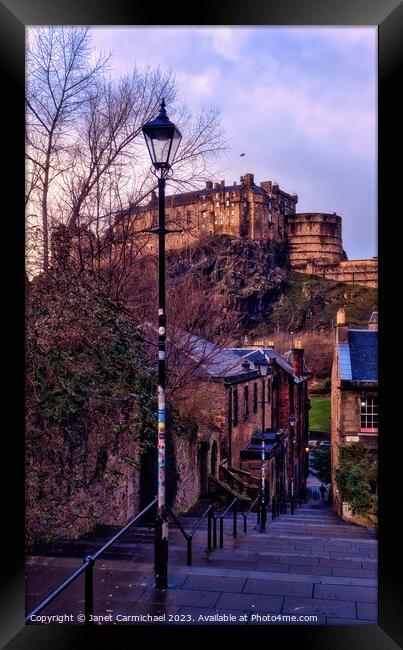 The Vennel Viewpoint of Edinburgh Castle Framed Print by Janet Carmichael