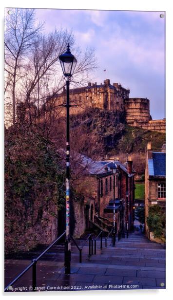 The Vennel Viewpoint of Edinburgh Castle Acrylic by Janet Carmichael
