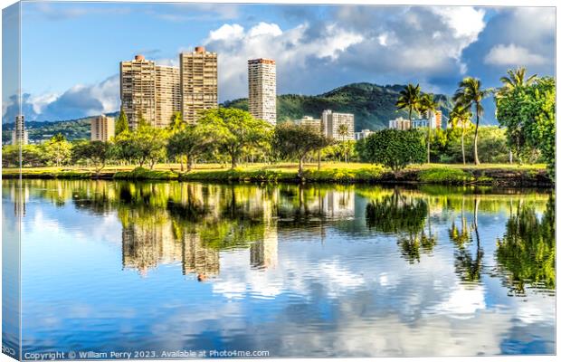 Green Trees Buildings Ala Wai Canal Reflection Honolulu Hawaii Canvas Print by William Perry
