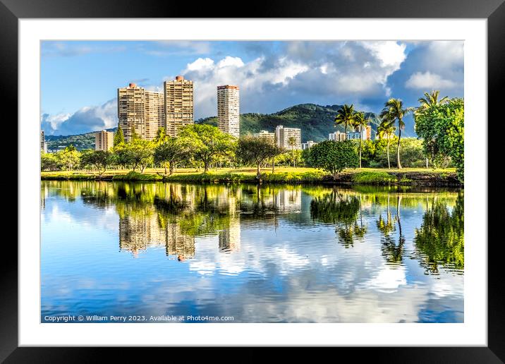 Green Trees Buildings Ala Wai Canal Reflection Honolulu Hawaii Framed Mounted Print by William Perry