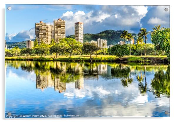 Green Trees Buildings Ala Wai Canal Reflection Honolulu Hawaii Acrylic by William Perry