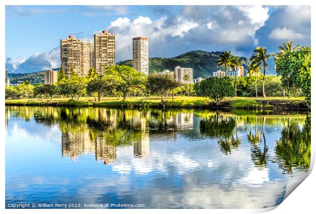 Green Trees Buildings Ala Wai Canal Reflection Honolulu Hawaii Print by William Perry